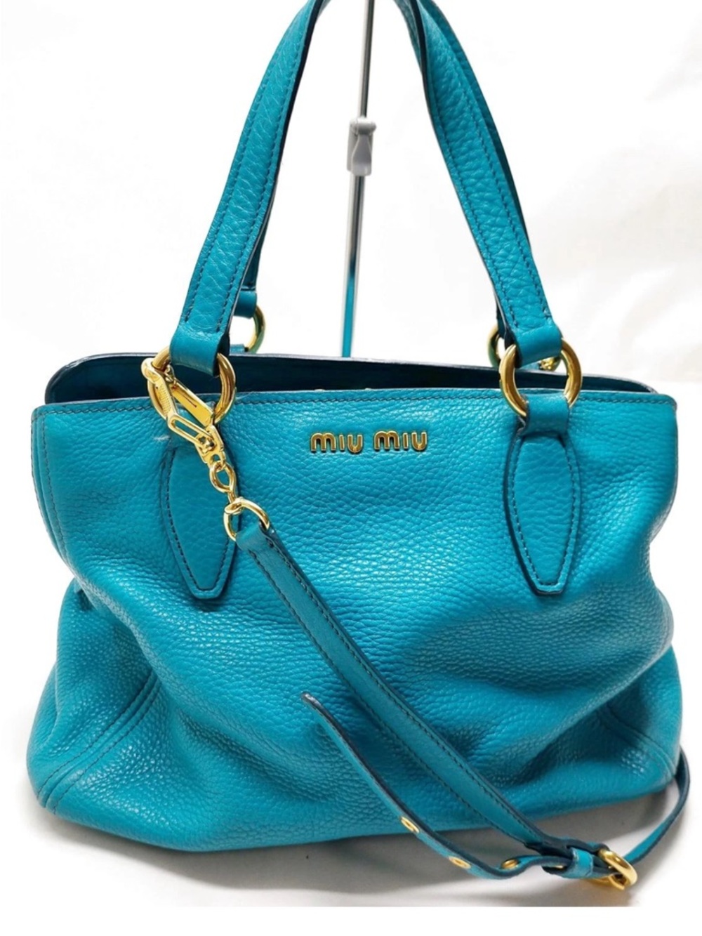 Miu Miu Vitello Lux Leather Tote Bag Teal Blue Gold Hardware Crossbody Strap